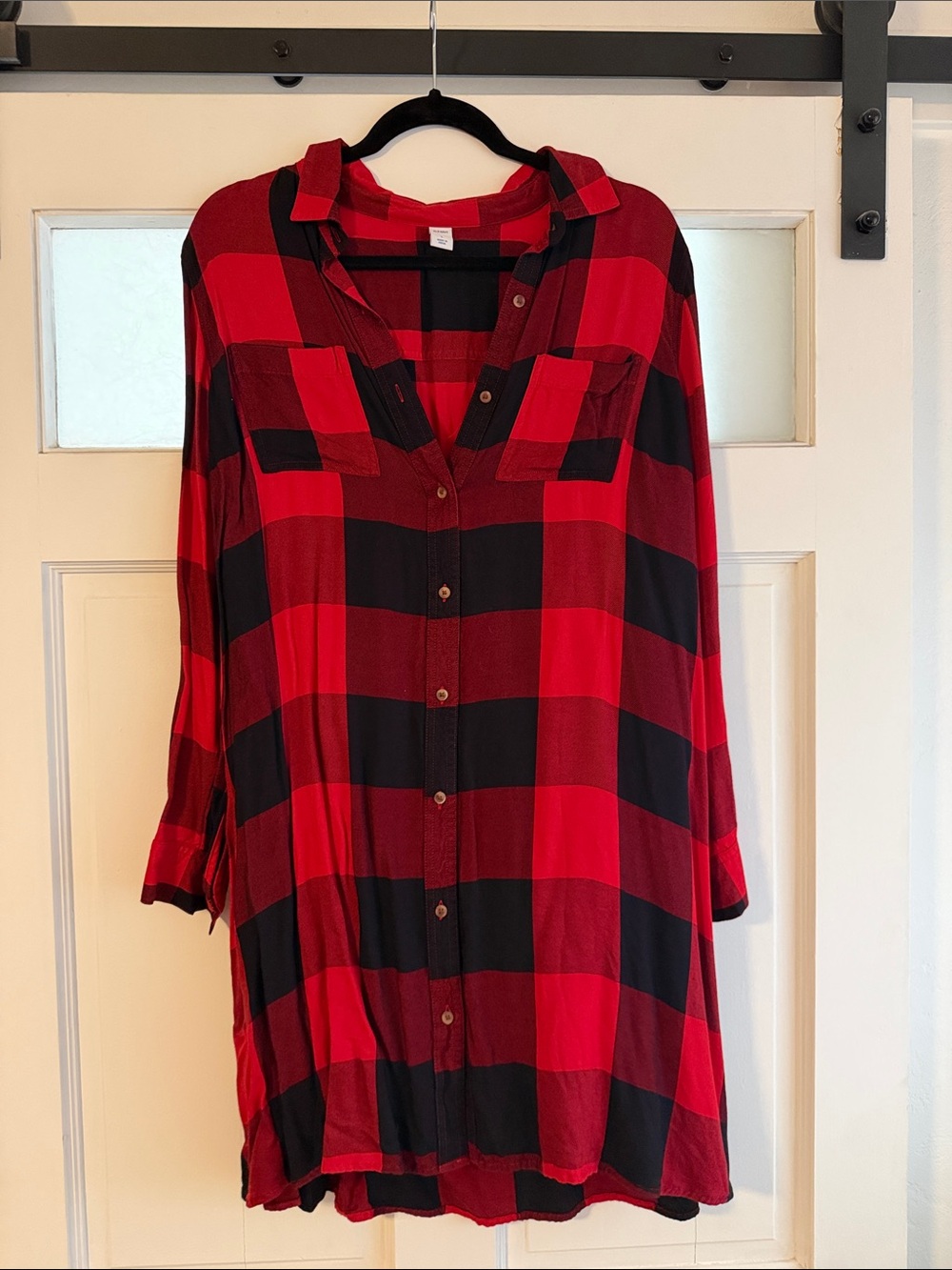 Old Navy Red and Black Long-Sleeve Plaid Shirt Dress